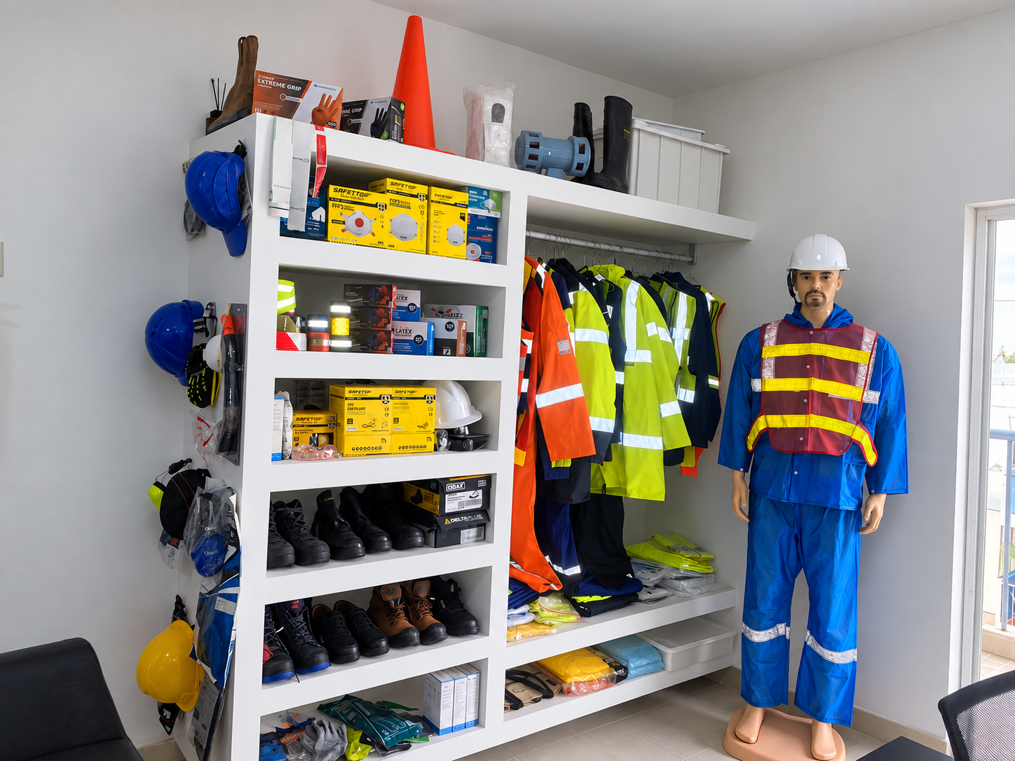 Interior de fábrica com operários equipados com capacete, colete de alta visibilidade e proteção auditiva